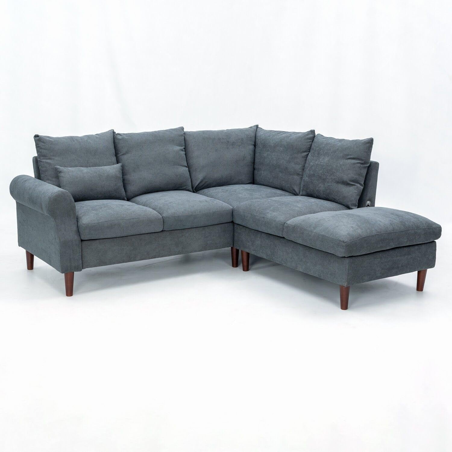 5 Seater Corner Sofa w/ Chaise & USB Port – Grey Linen, 200x195cm, Modern