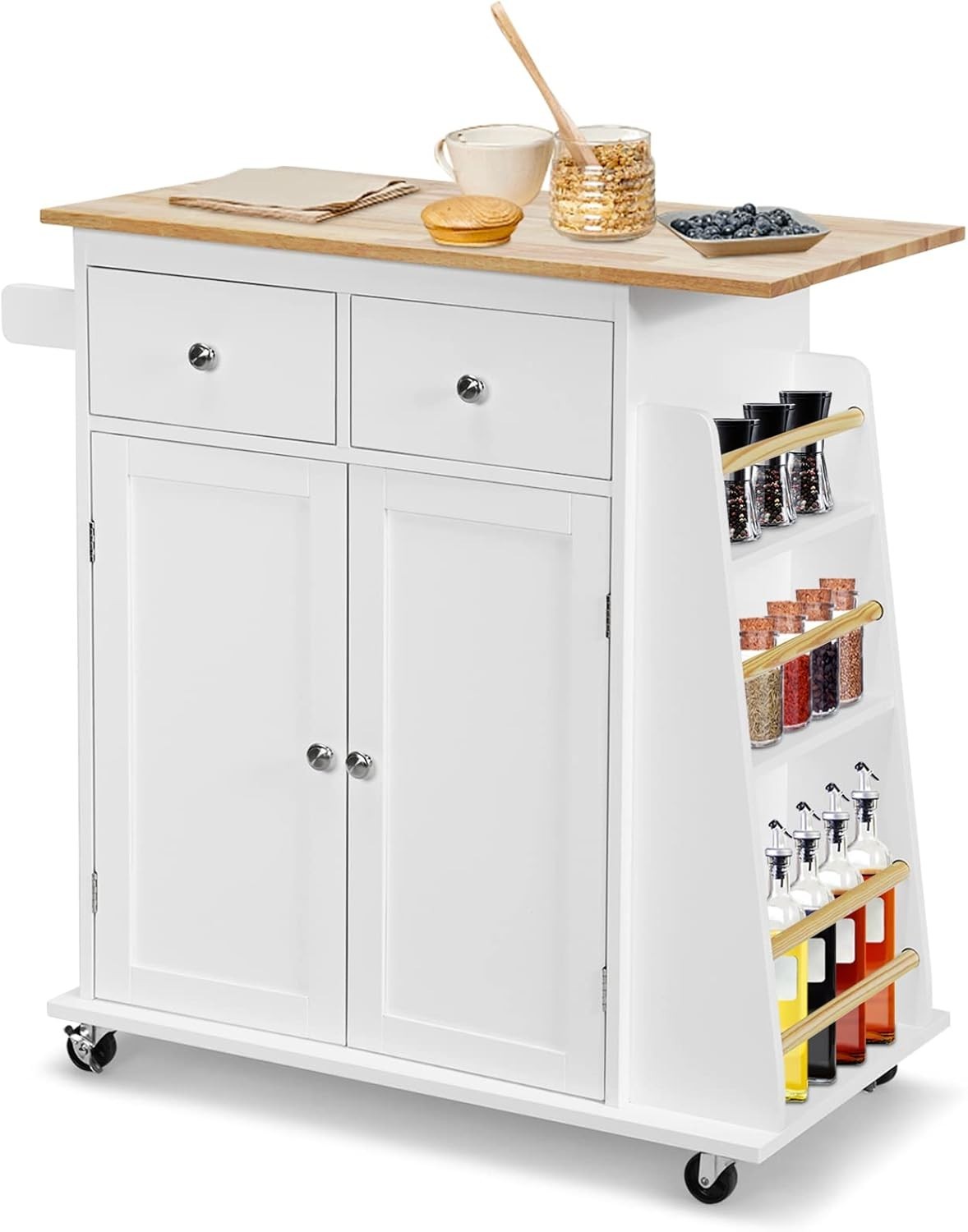 Mobile Kitchen Island Cart with Rubber Wood Countertop, Drawers & Lockable Wheel