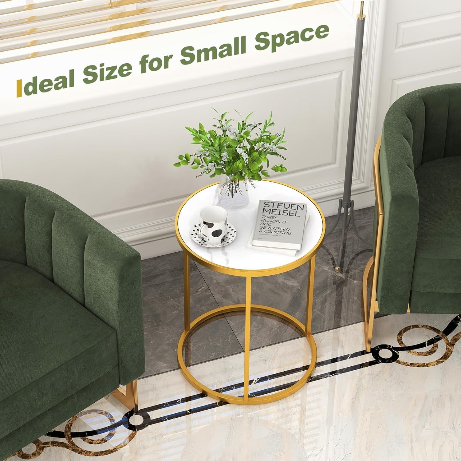 Marble Top Round Side Tables Set of 2 – Gold Metal Frame Modern End Tables