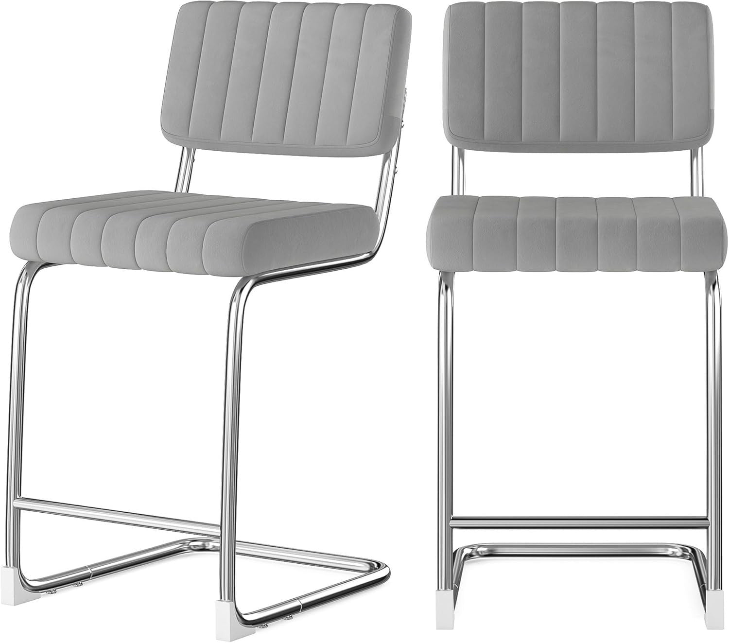 Modern Bar Stools 2pcs Grey Faux Leather 27in Counter Kitchen Chairs