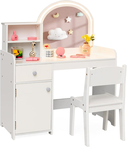 Kids Vanity Table & Stool with LED Mirror, Drawer & Storage Shelves White