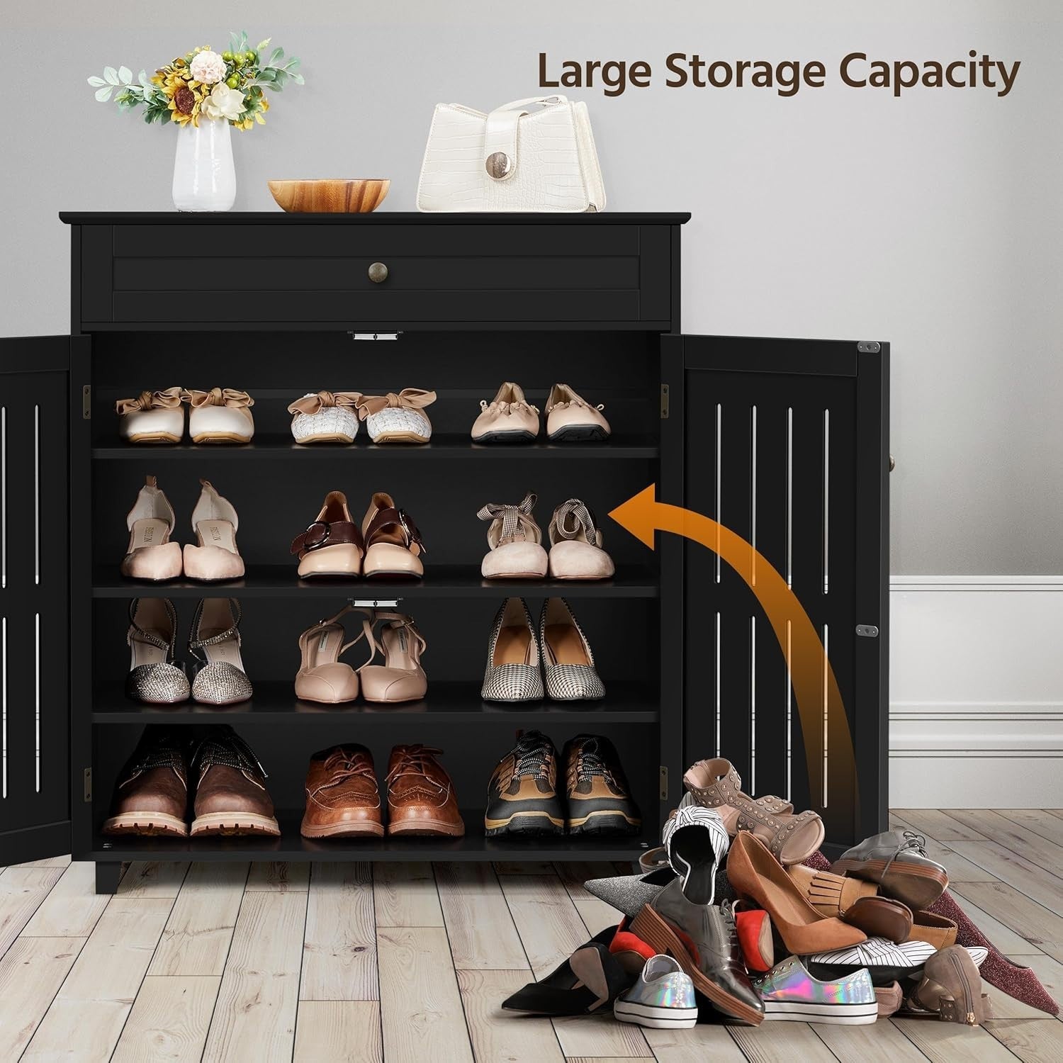 Black Modern Shoe Cabinet with Drawer & Adjustable Shelves – 4 Tier Storage