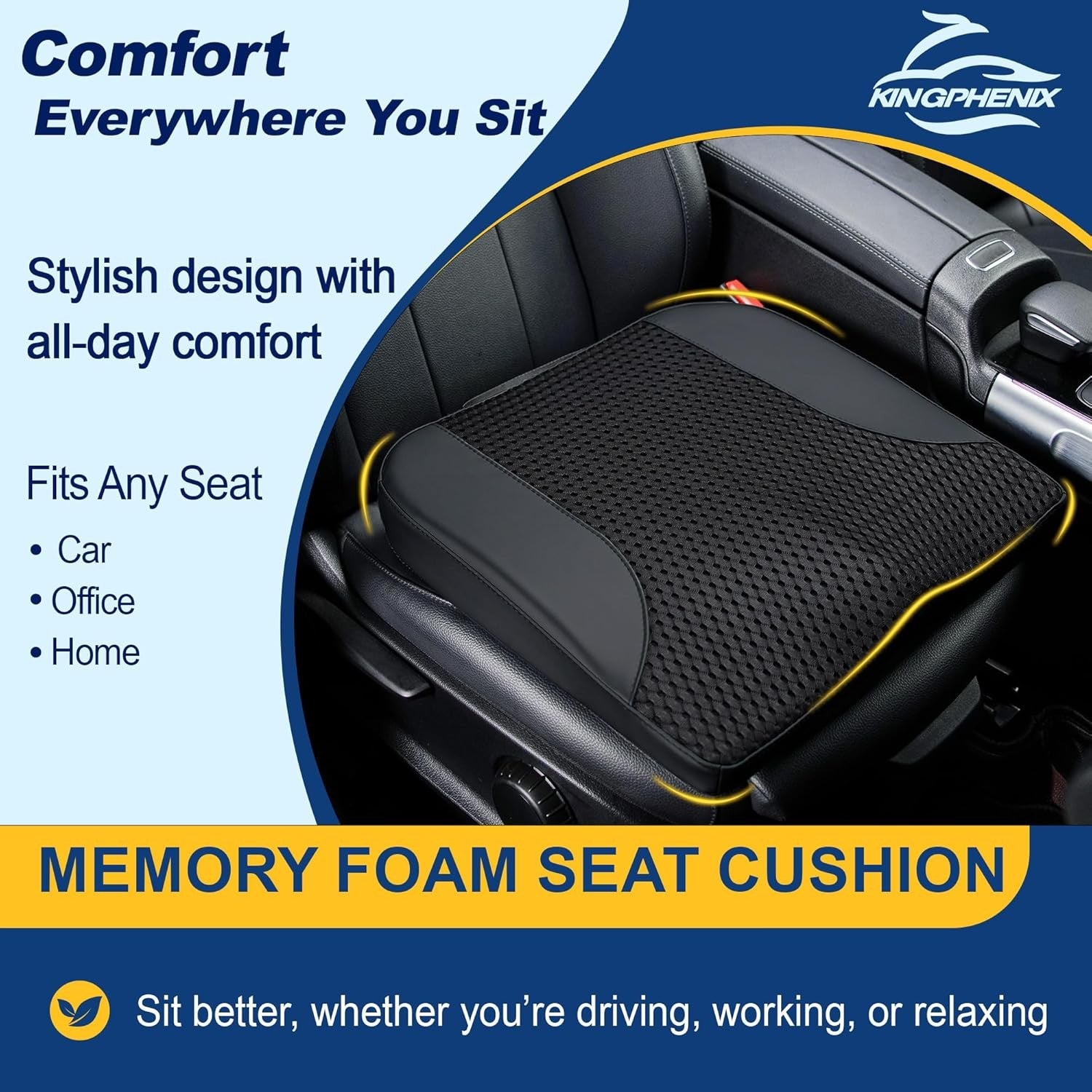 Memory Foam Car Seat Cushion Height Booster Back Pain Relief Office Driving