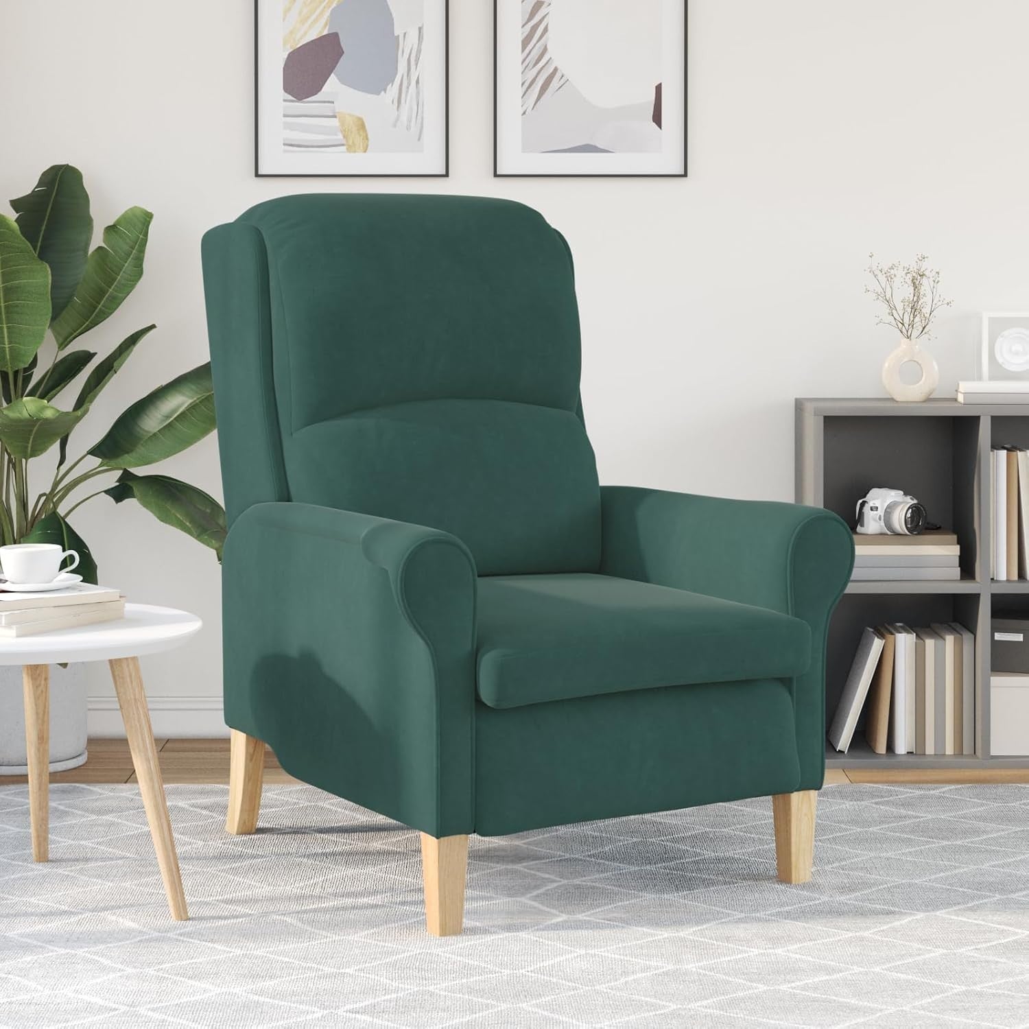 Dark Green Recliner Armchair Fabric Wingback Chair Wood Legs Lounge