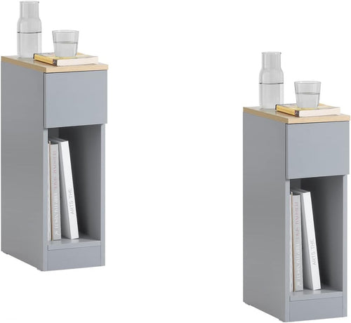 Set of 2 Slim Grey Bedside Tables with Drawer & Shelf