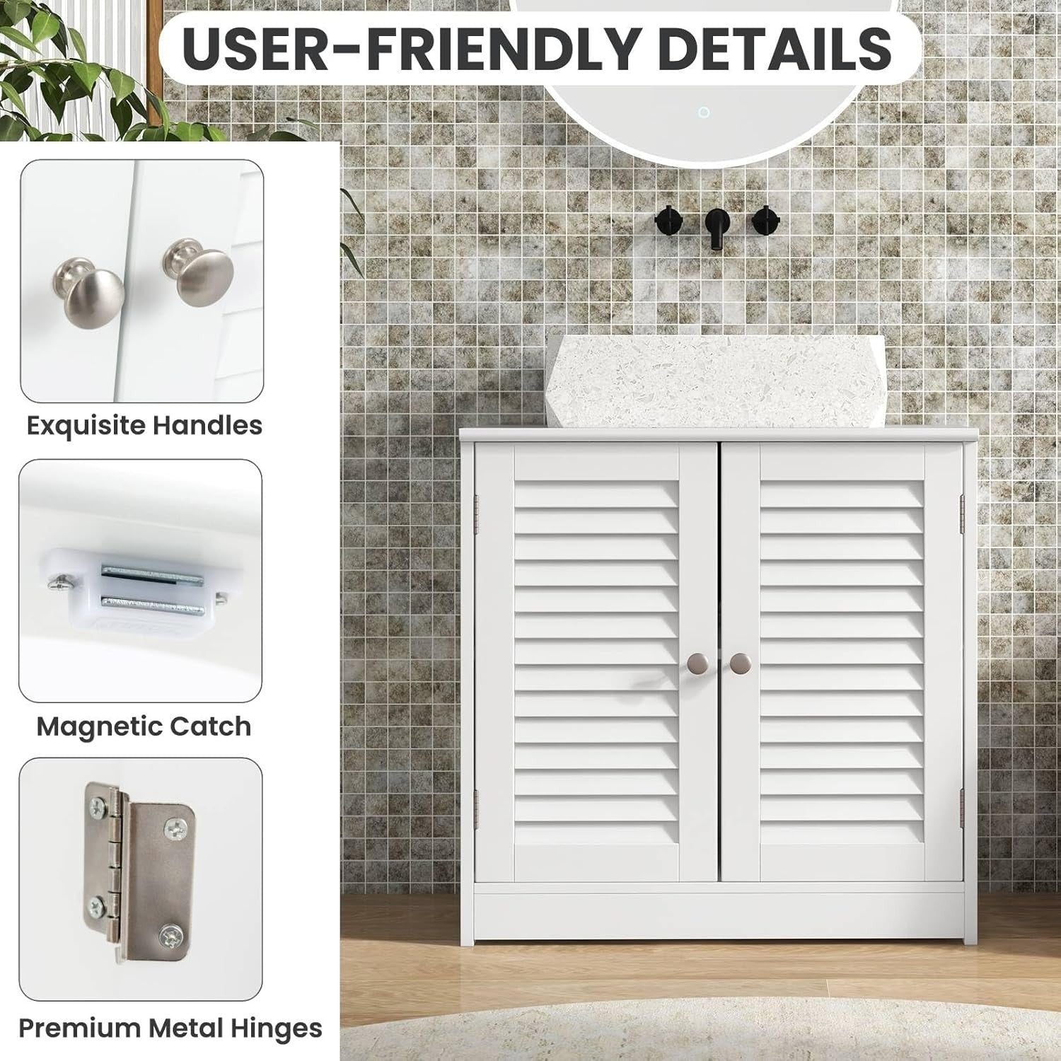 White Under Sink Bathroom Cabinet with Shutter Doors & Adjustable Storage Shelf
