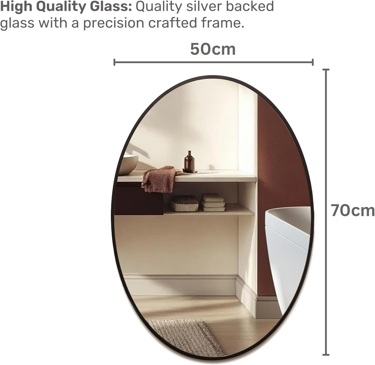 Modern Oval Black Bathroom Mirror 70x50 cm, Stylish Wall Mounted