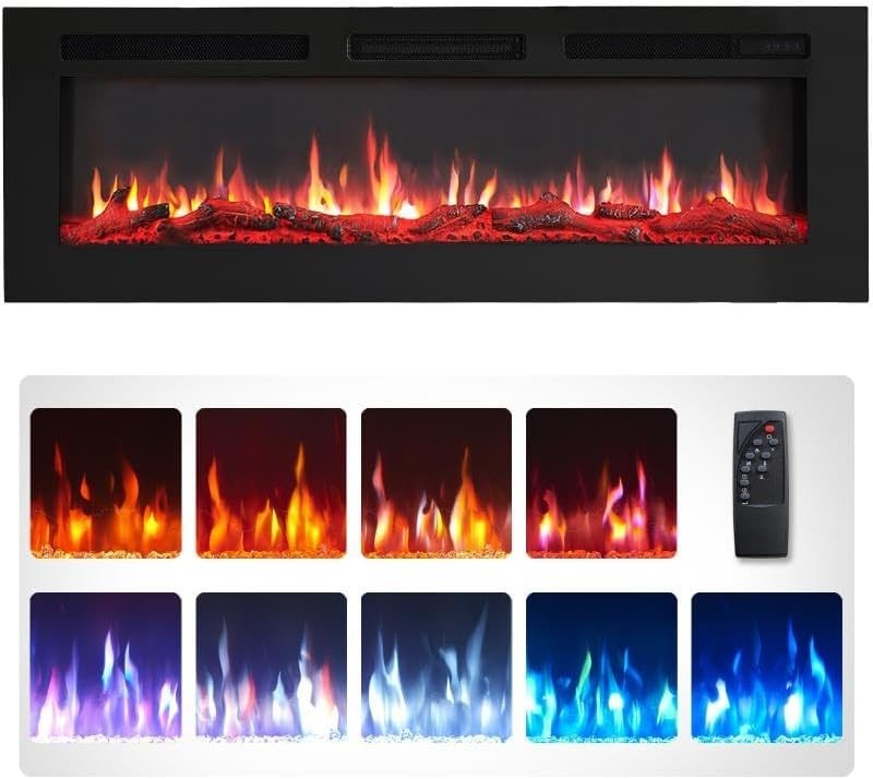 50" Wall Mounted Electric Fireplace Heater 9 Flame LED Remote 1800W