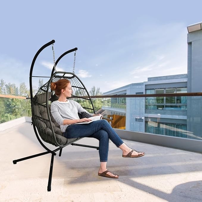 Foldable Double Egg Swing Chair with Stand, Rattan Hammock Seat, 240kg Capacity