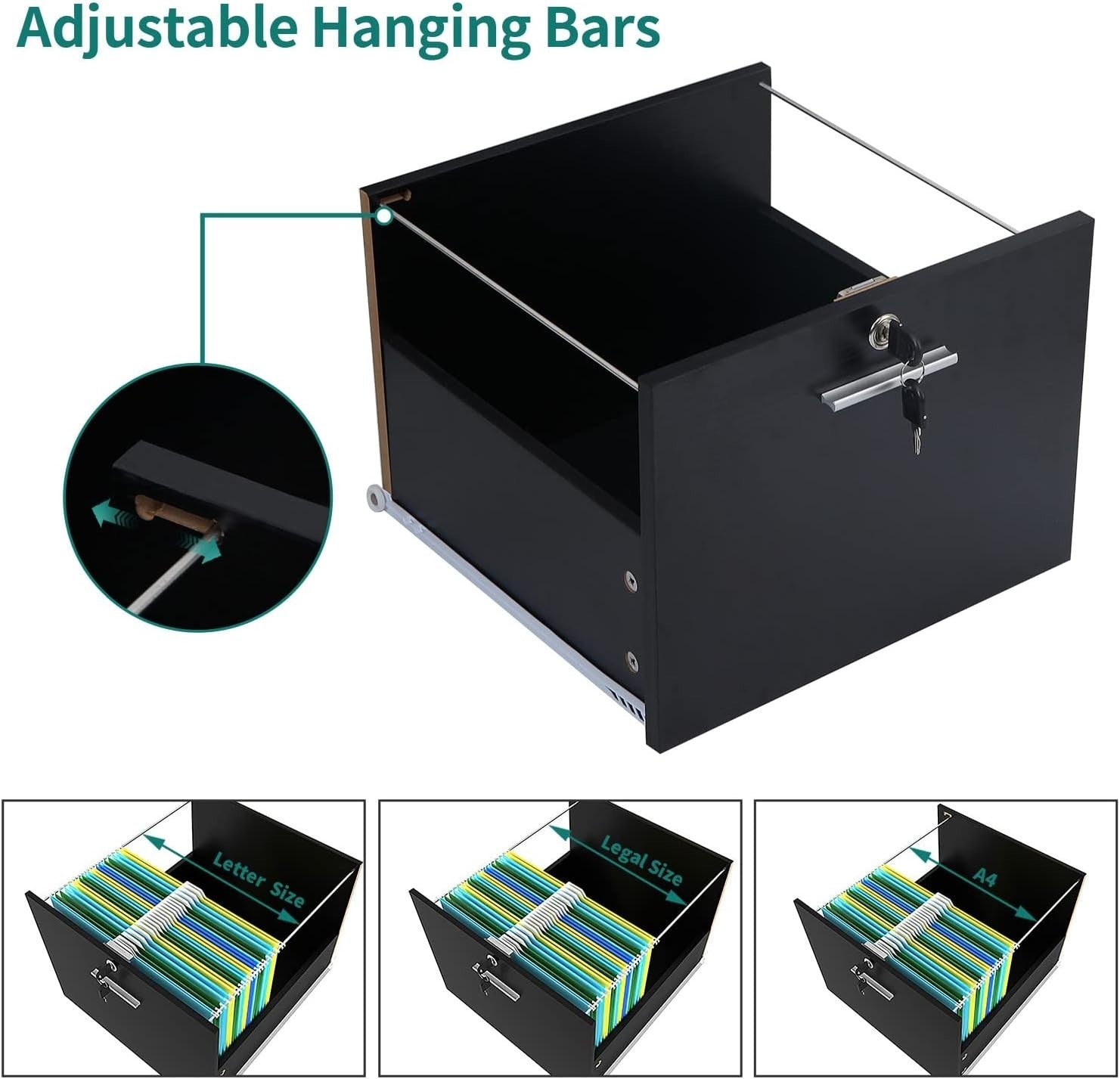 Wide Mobile Filing Cabinet 3 Drawer Lockable Printer Stand White Black