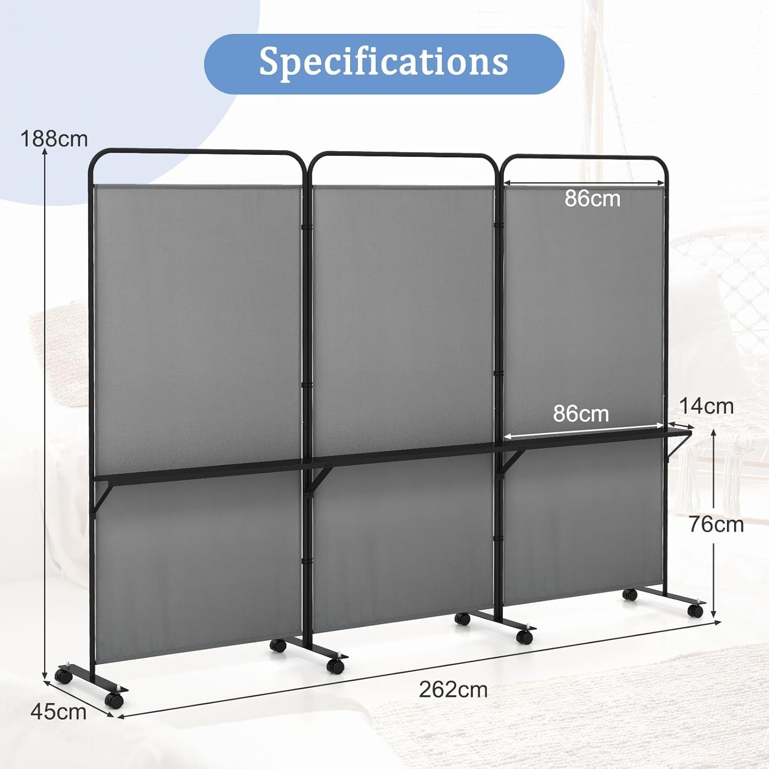 3 Panel Grey Folding Room Divider with Shelves & Wheels Privacy Screen 188cm