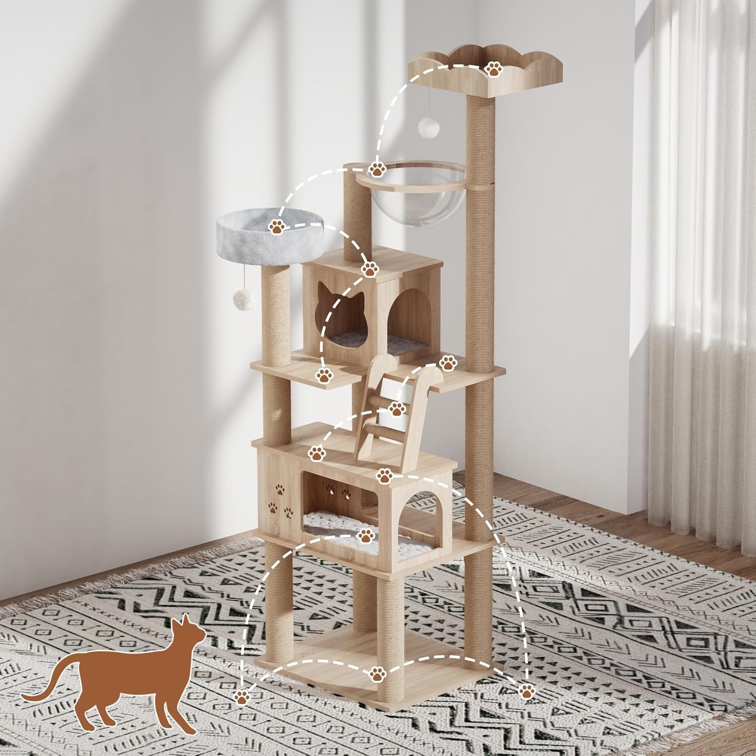 Large Cat Tree Tower 184cm Multi Level Wooden Condo Capsule Scratching Posts