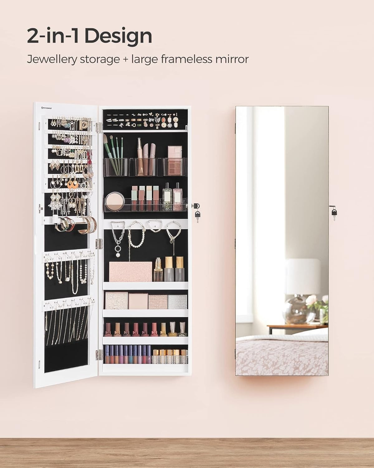 White Wall Mounted Jewelry Cabinet Mirror Lockable Hanging Storage