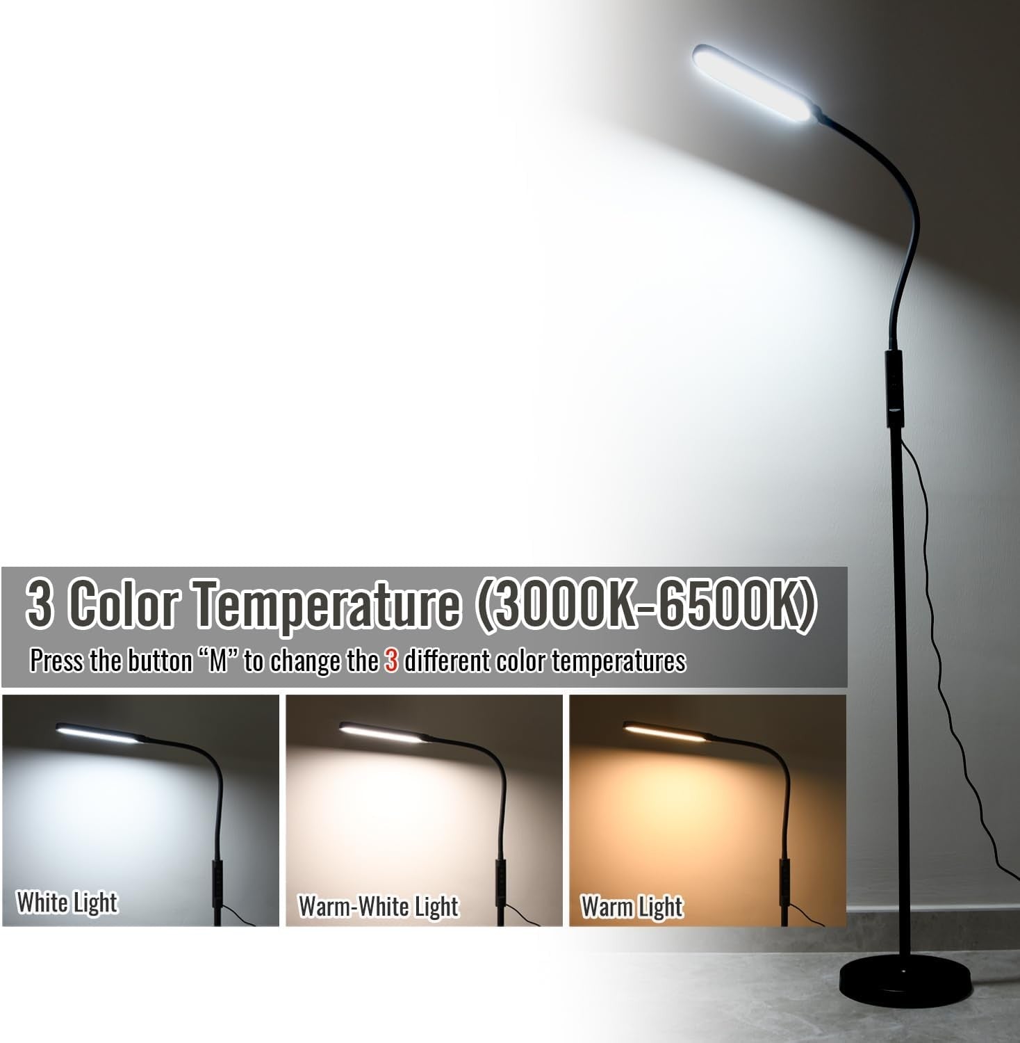 LED Floor Lamp 18W Dimmable Standing Light Remote Control Modern Reading Lamp