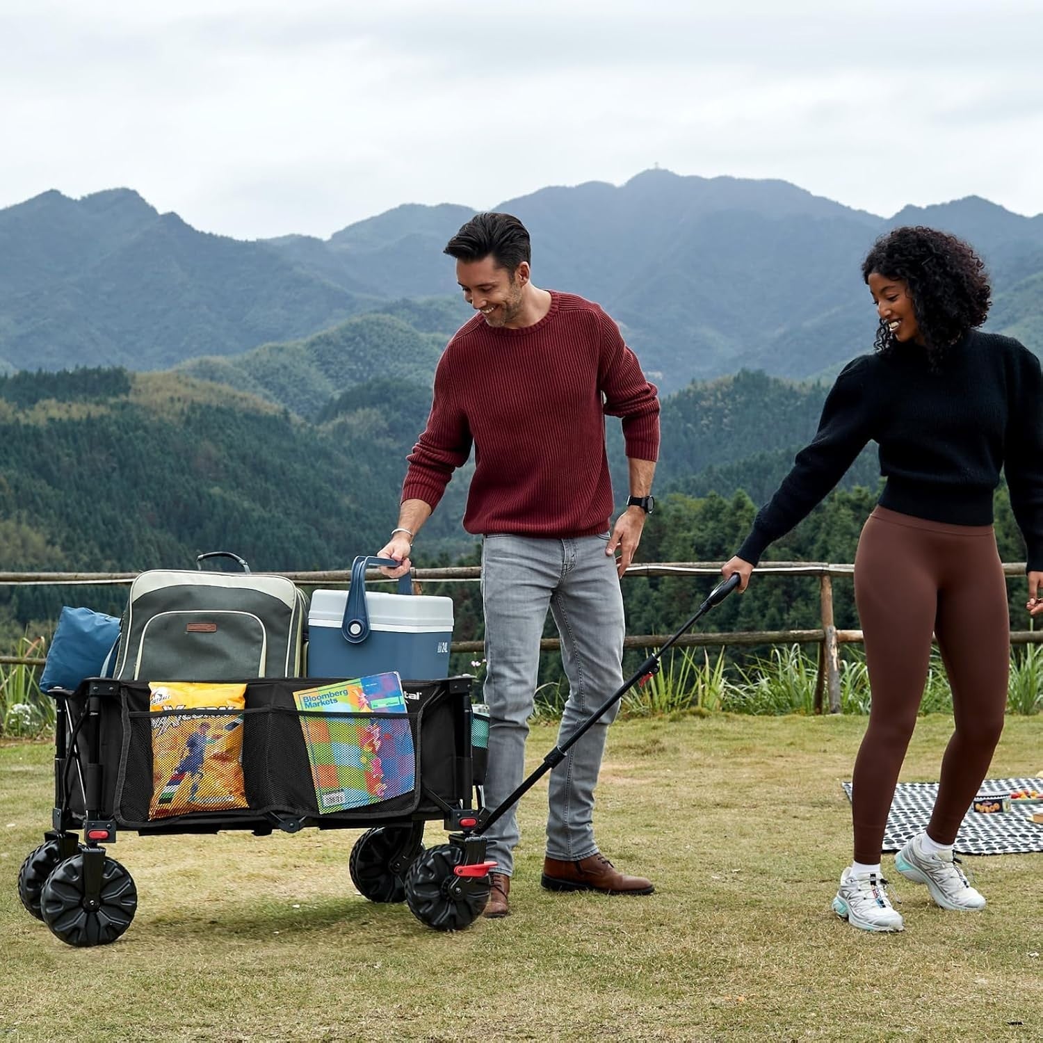 Black Heavy Duty Folding Beach Wagon 110kg All-Terrain Trolley w/ Brakes & XL