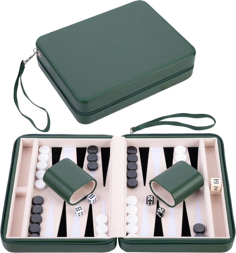 Travel Backgammon Set 9in Zip Pouch Leather Portable Board Game