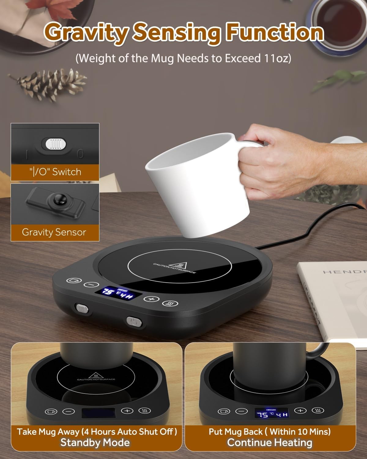 Smart Coffee Mug Warmer 9 Temp Settings Gravity Sensor Timer