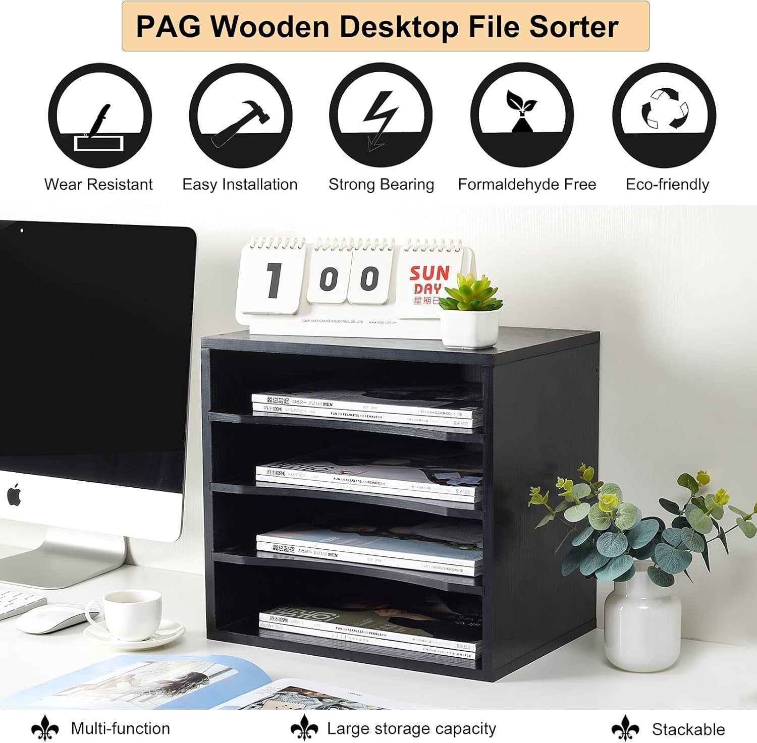 4-Tier Black Desk Paper Tray Organizer for Files, Letters & Documents