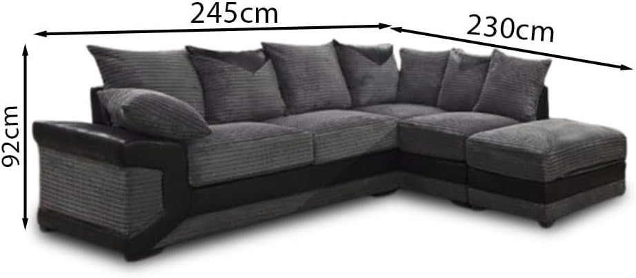 4 Seater L-Shaped Corner Sofa with Footstool Black & Grey Leather Jumbo Cord RH