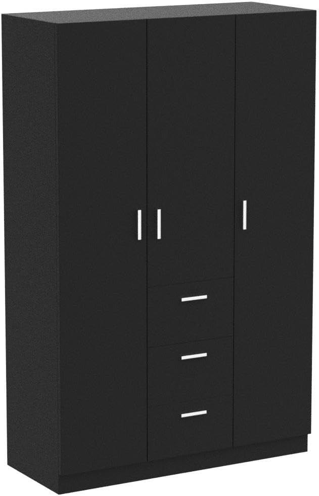 Large Black Wooden 3-Door Wardrobe with 3 Drawers & Hanging Rail Bedroom