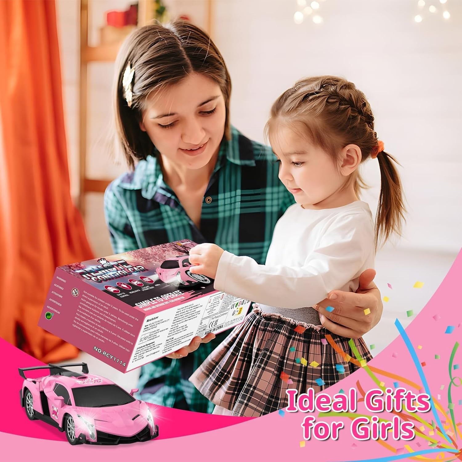 Pink RC Racing Car 1:18 Remote Control Toy with LED Lights for Girls 3+