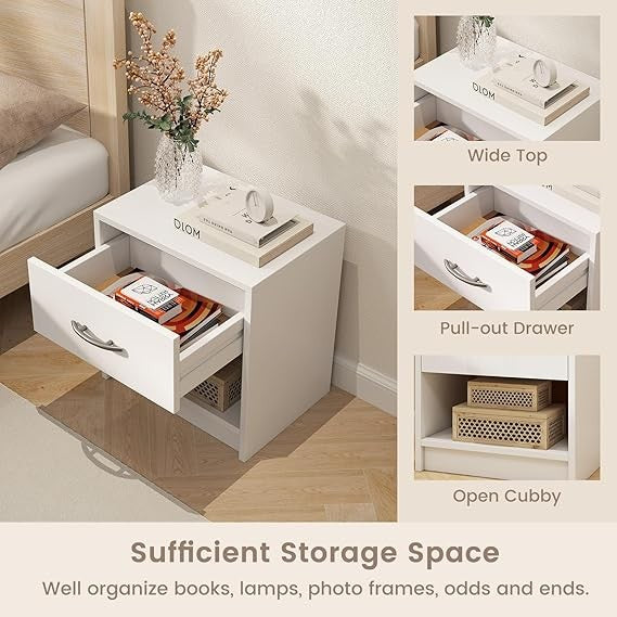 Modern White Bedside Table with Drawer & Shelf, Wooden Nightstand 38x28x40cm