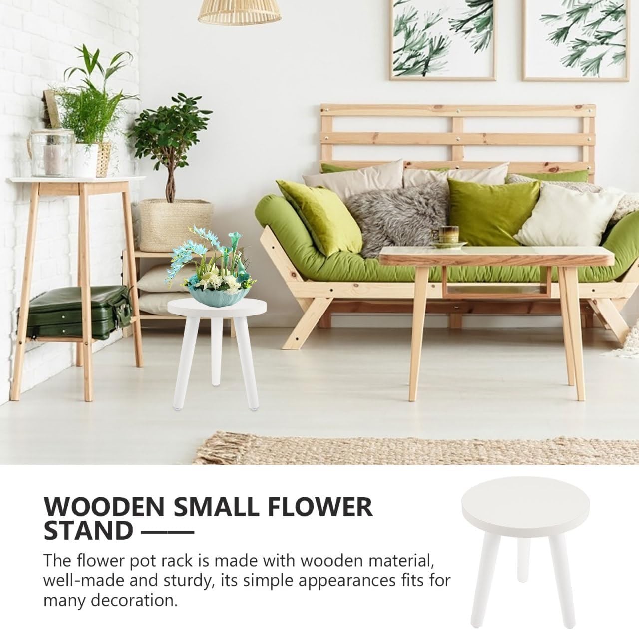 Small Round Wooden Plant Stand Minimalist White Flower Pot Holder Indoor Decor