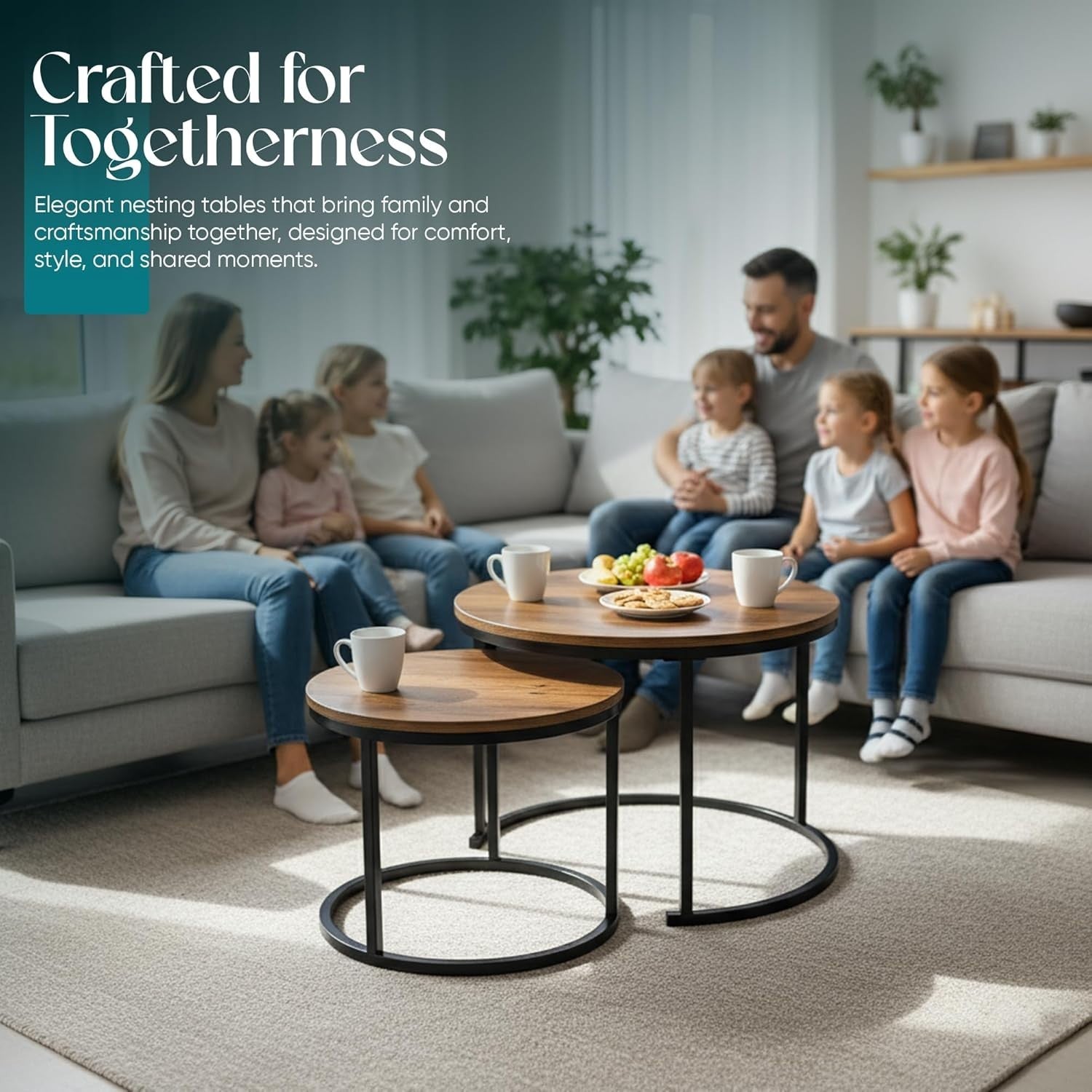 Rustic Wood Nesting Coffee Table Set, Round Stackable Side End Tables, Space Sav