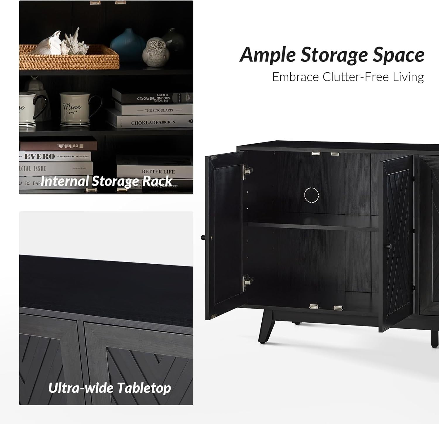 Black Chevron Sideboard Cabinet Solid Wood Legs Adjustable Shelves Storage