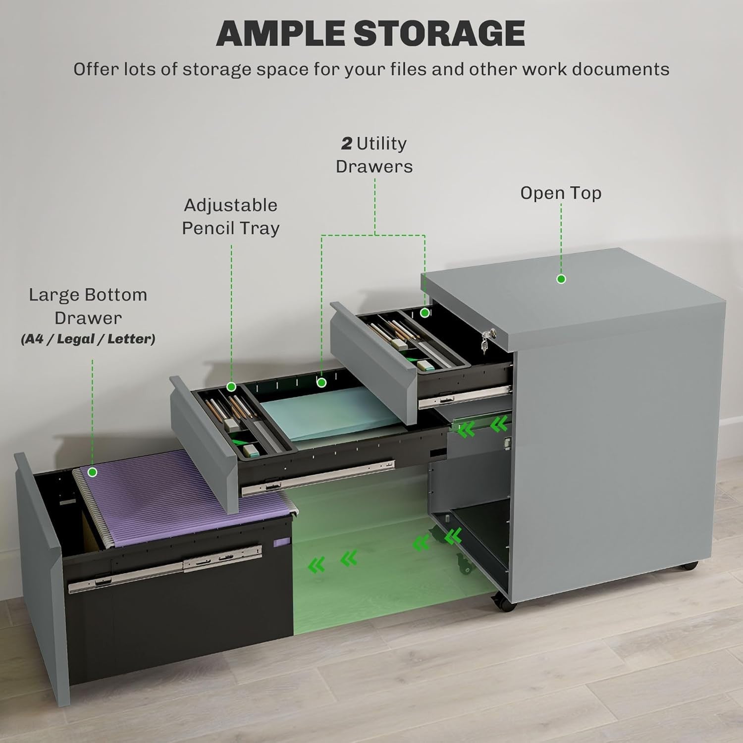 Grey 3 Drawer Lockable File Cabinet 39x48x60cm Mobile Alloy Steel