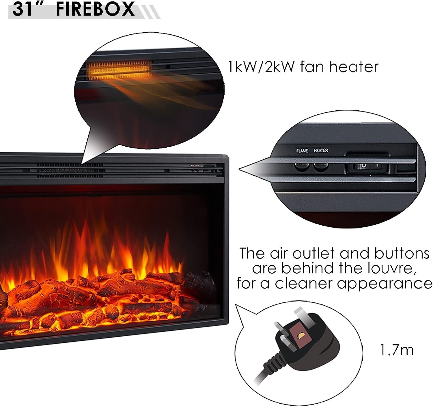 51" Electric Fireplace Suite with Storage Shelves, 2000W Heater & Remote