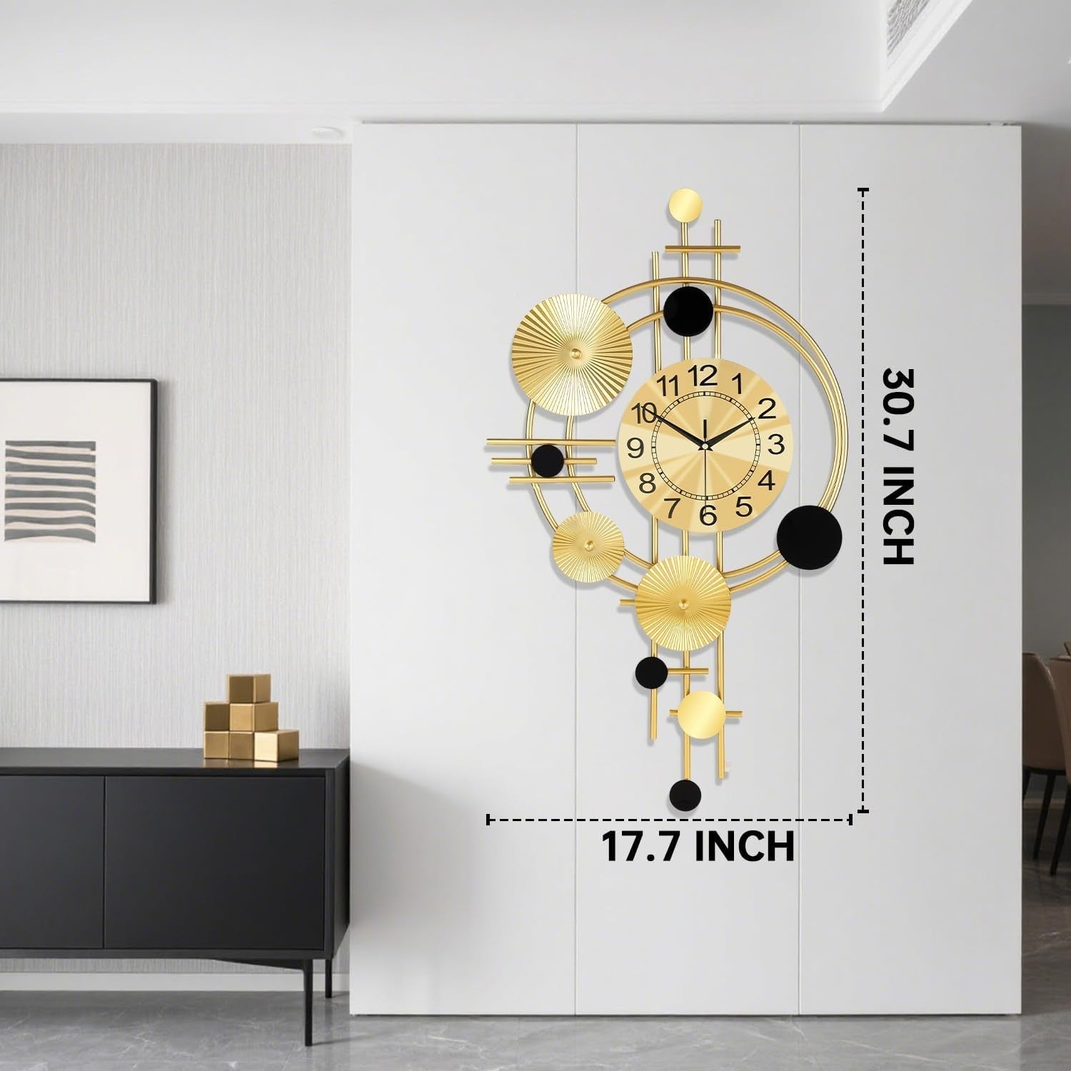 Luxury Silent Wall Clock Gold 30” Metal Art Deco Modern Home Decor