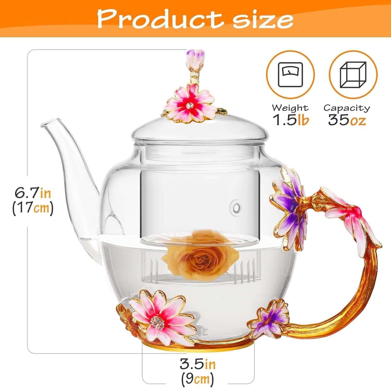 Glass Flower Teapot 35oz Tea Maker with Infuser Floral Gift for Women