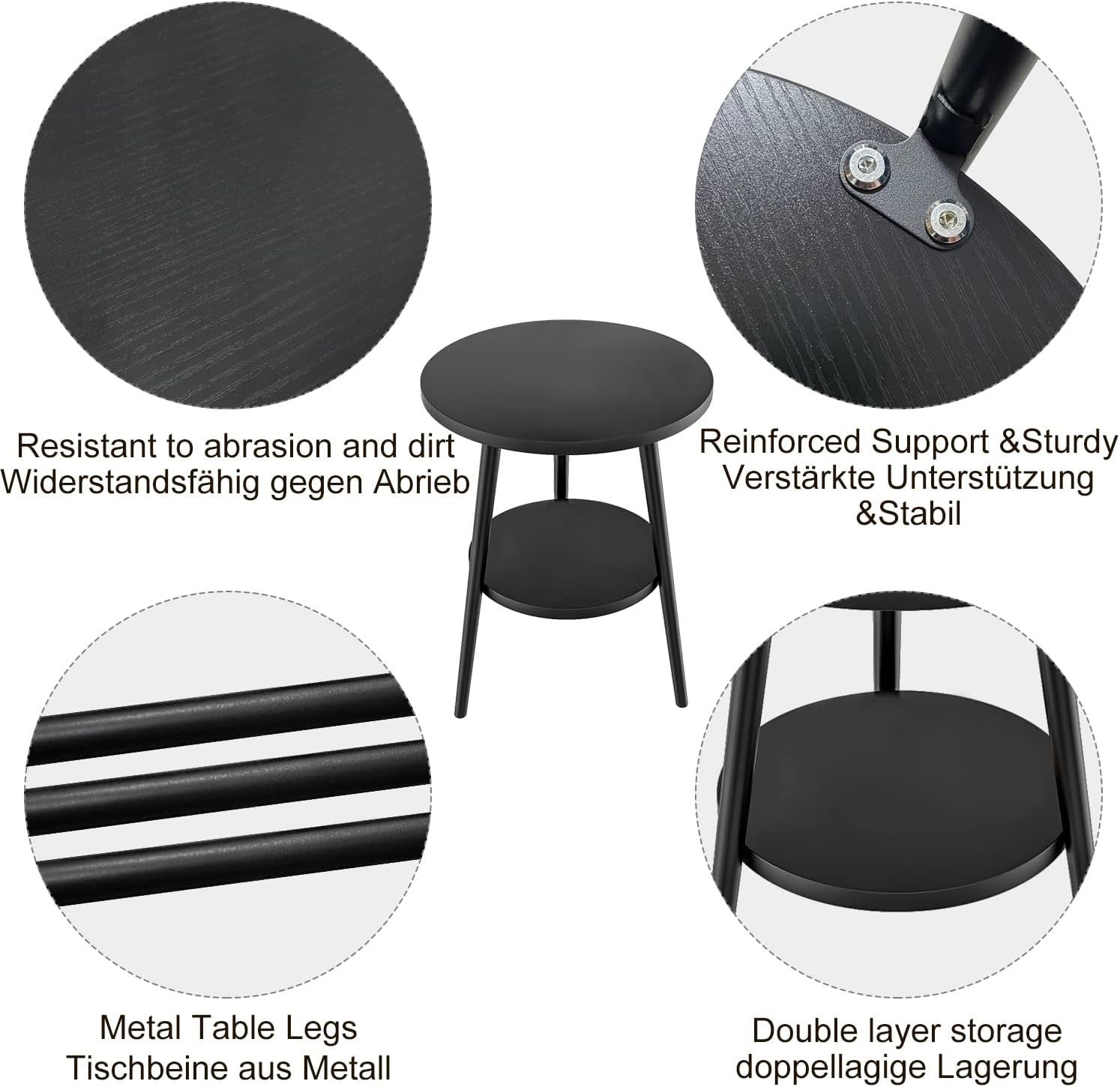 Modern 2-Tier Round Side Table with Metal Frame & Storage, 38x55cm Black