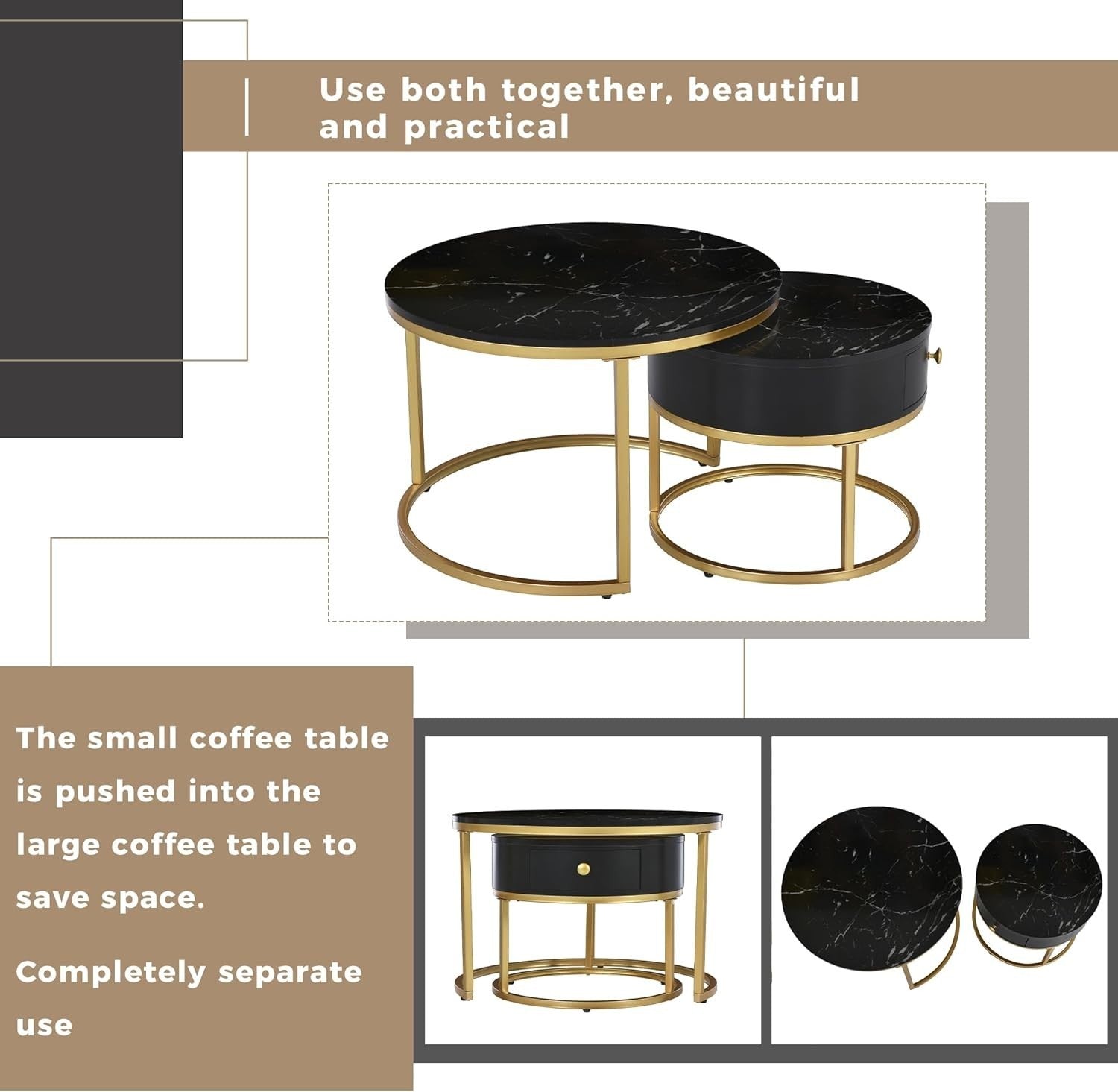 Nested Coffee Tables Set of 2 Black Drawer Round Modern End Side Living Room