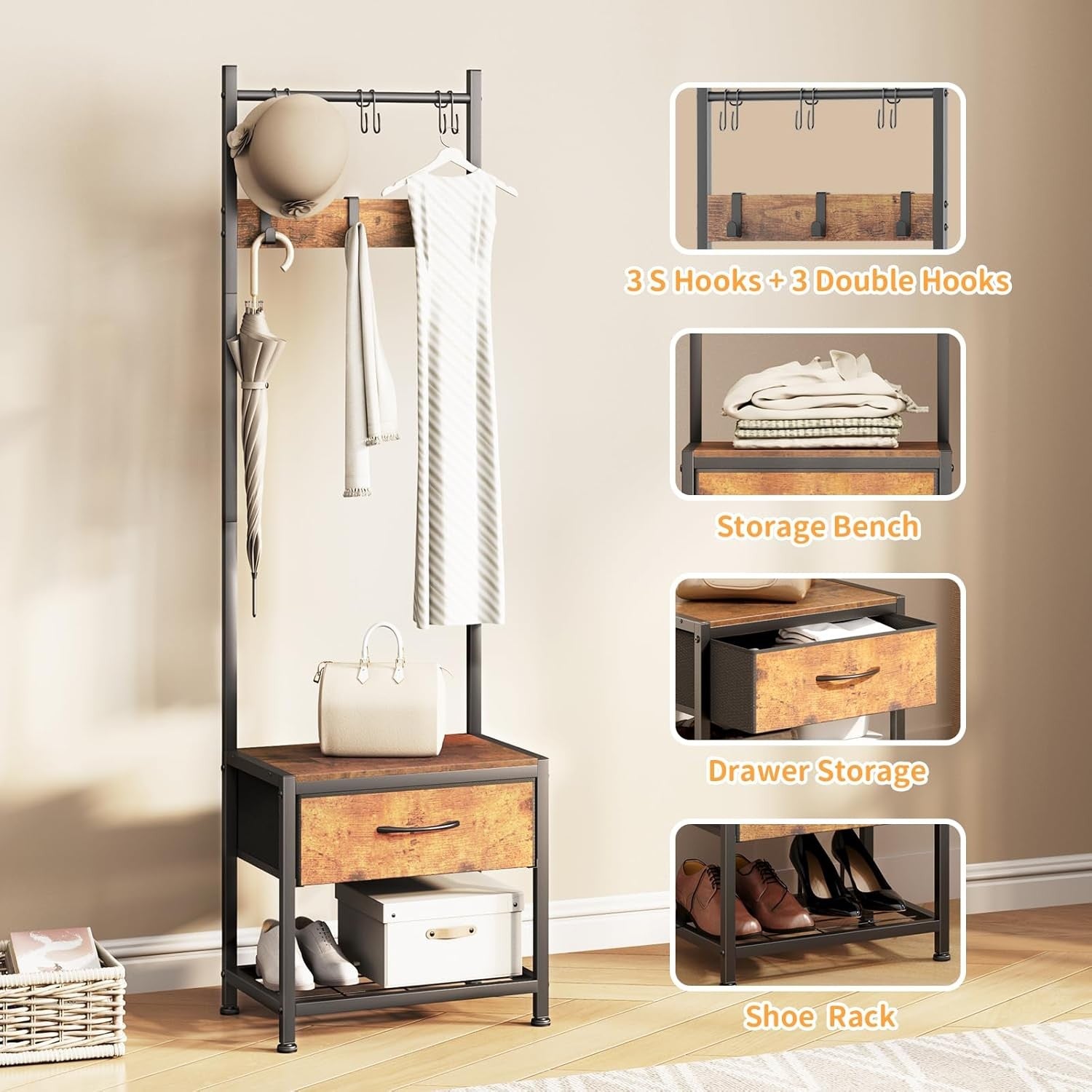 Wall Mounted Oak Coat Rack with Shelf | 9 Hooks Wooden Hanger for Hallway