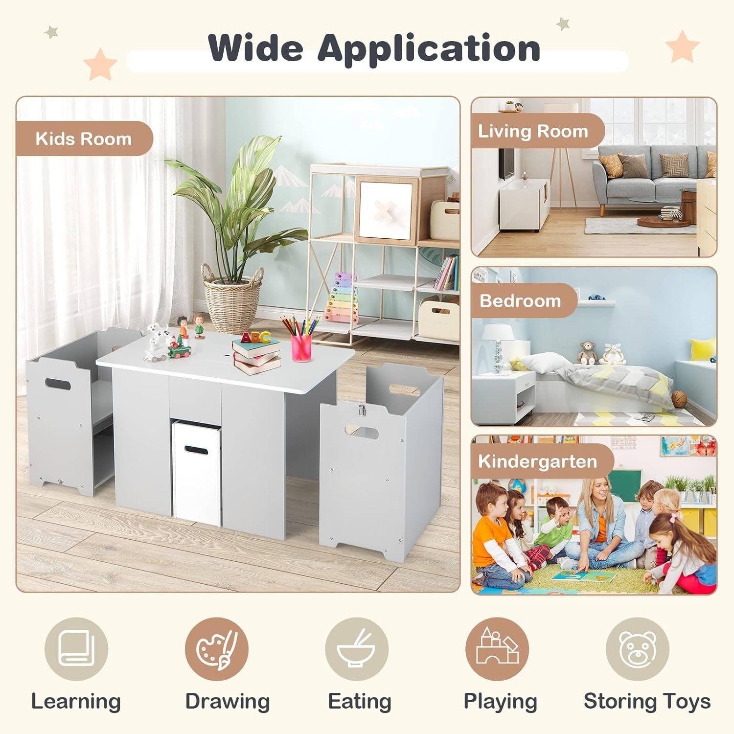 Kids Activity Table & Chair Set with Storage, Stackable Chairs, Grey & White