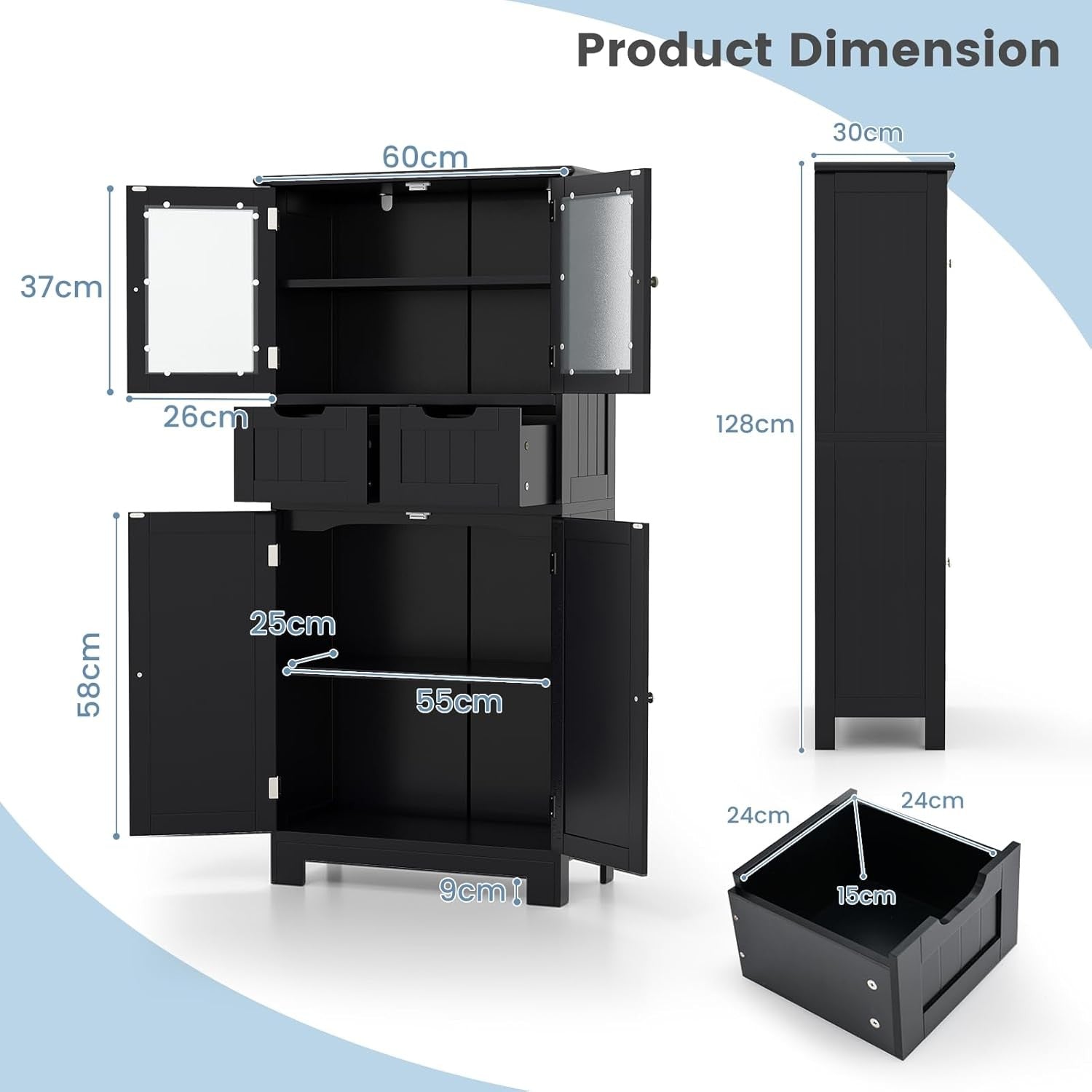 Black Freestanding Storage Cabinet with Glass Doors & Drawers Shelves