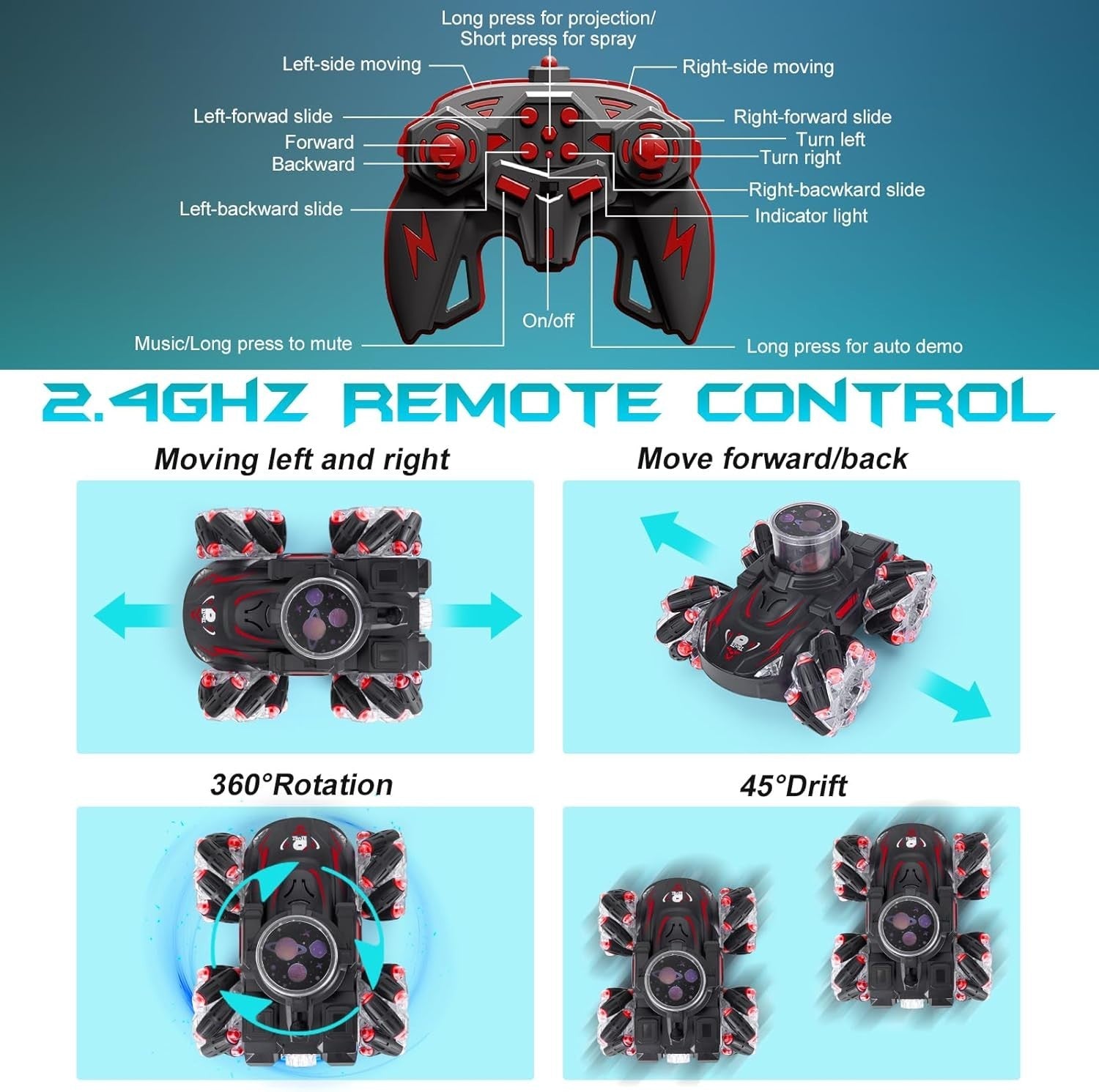 RC Stunt Car with Music, LED Lights, Spray & HD Projection | 360° Rotating