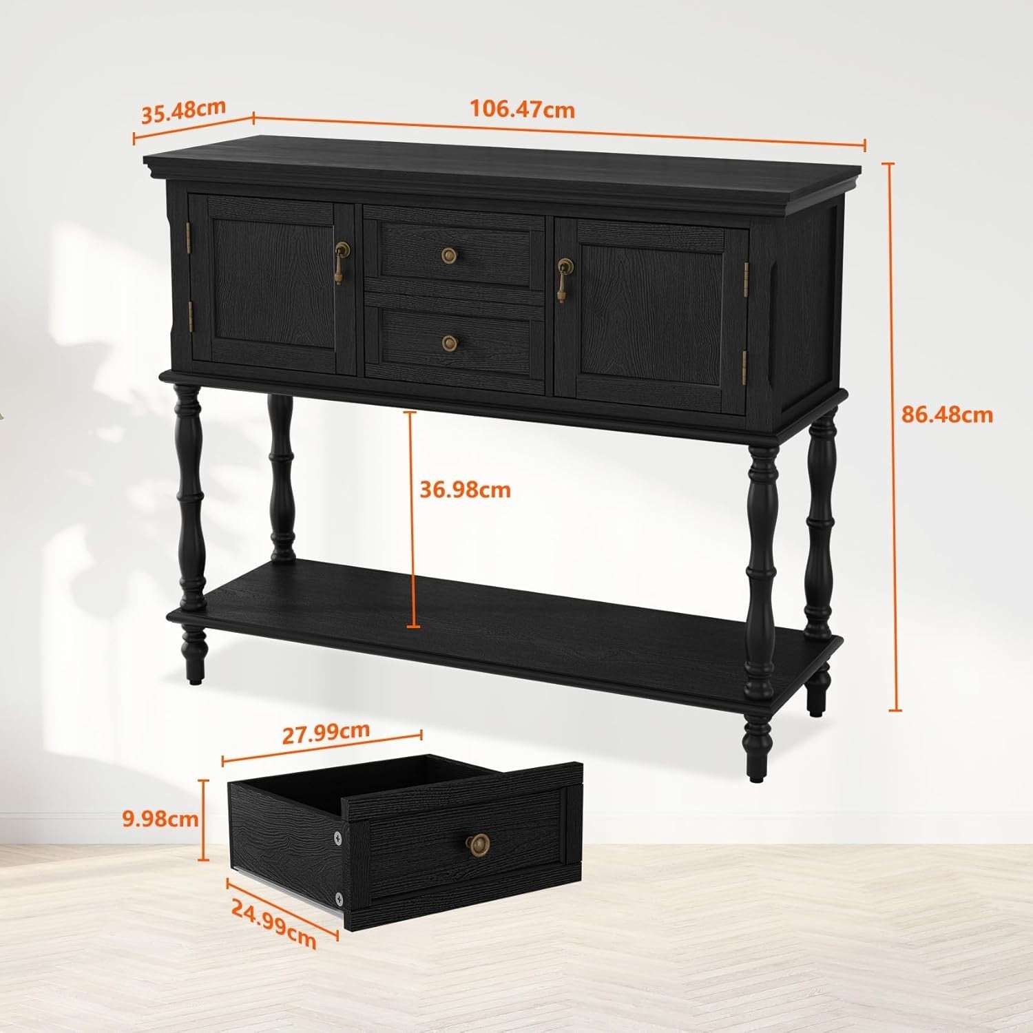 Vintage Black Console Table with Drawers & Storage - Retro Hallway & Living Room