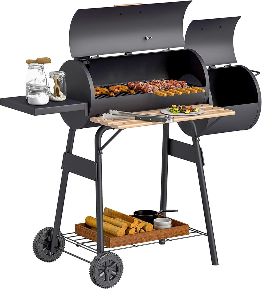 Charcoal BBQ Grill with Offset Smoker | Outdoor Barrel Barbecue with Shelves