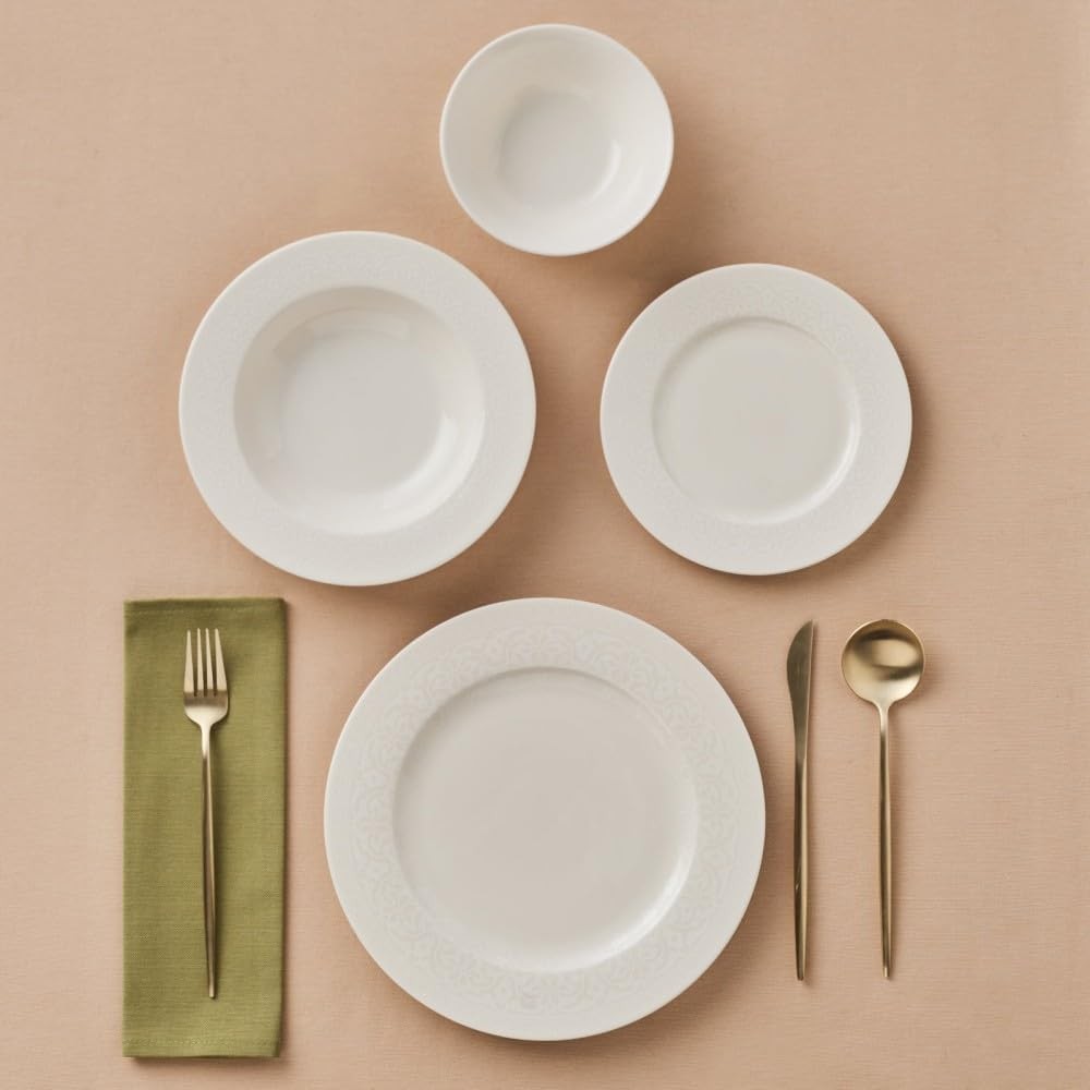 24pc Bone China Dinner Set White Plates Bowls Modern Tableware for 6