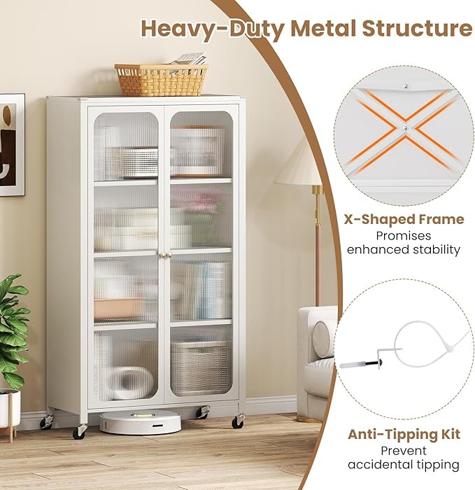 Large White Metal Storage Cabinet with Translucent Doors & Wheels, Adjustable