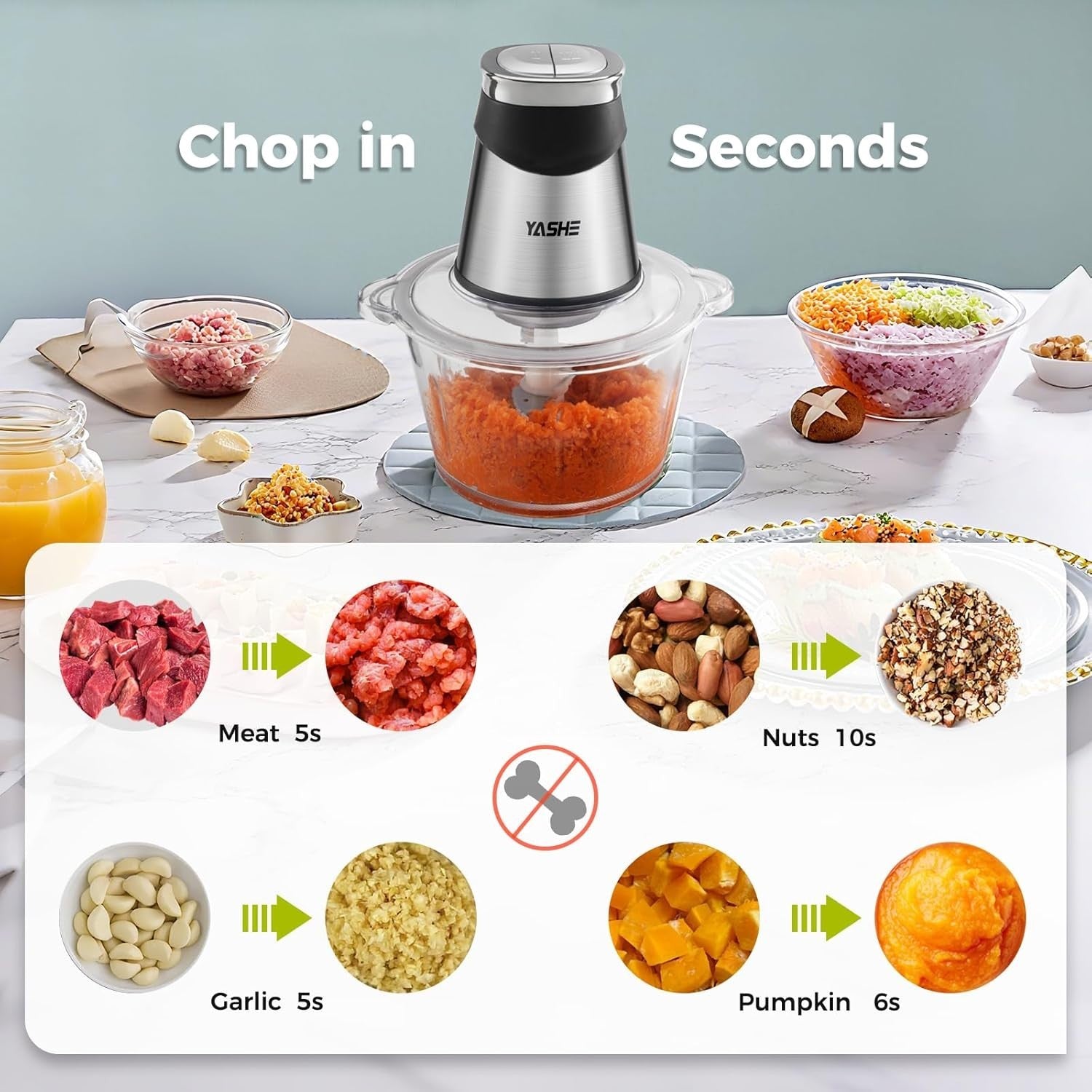 500W Food Processor Chopper 1.8L Glass 2L Steel Bowl Dual Blade