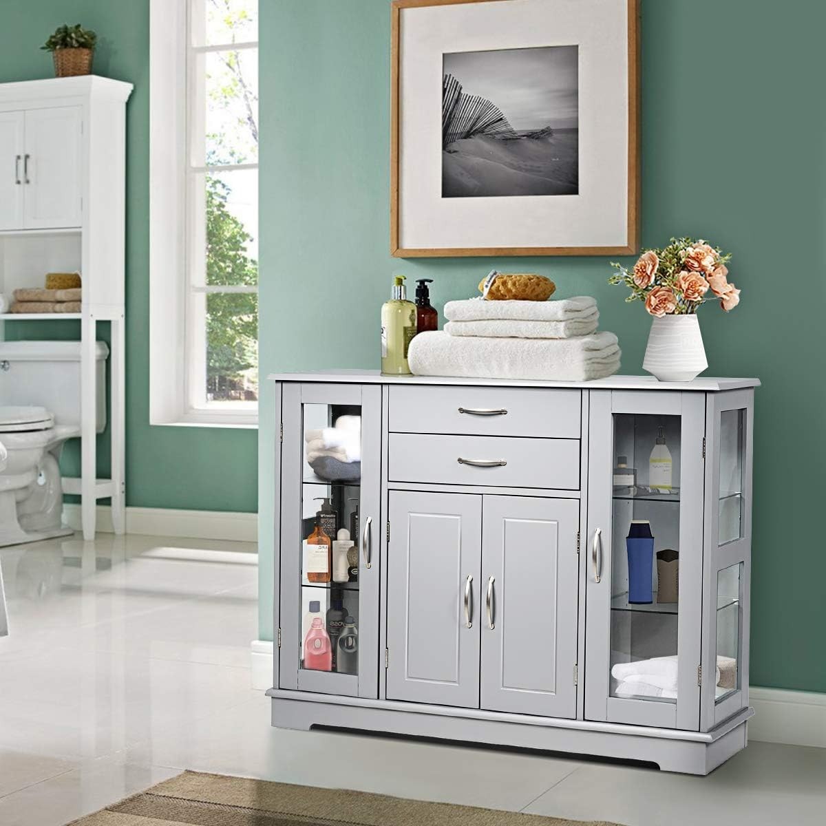 Grey Sideboard Buffet Cabinet Glass Doors Storage Unit with Drawers