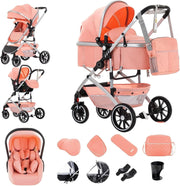 Pink 3 in 1 Baby Pram City Stroller Car Seat One Hand Fold
