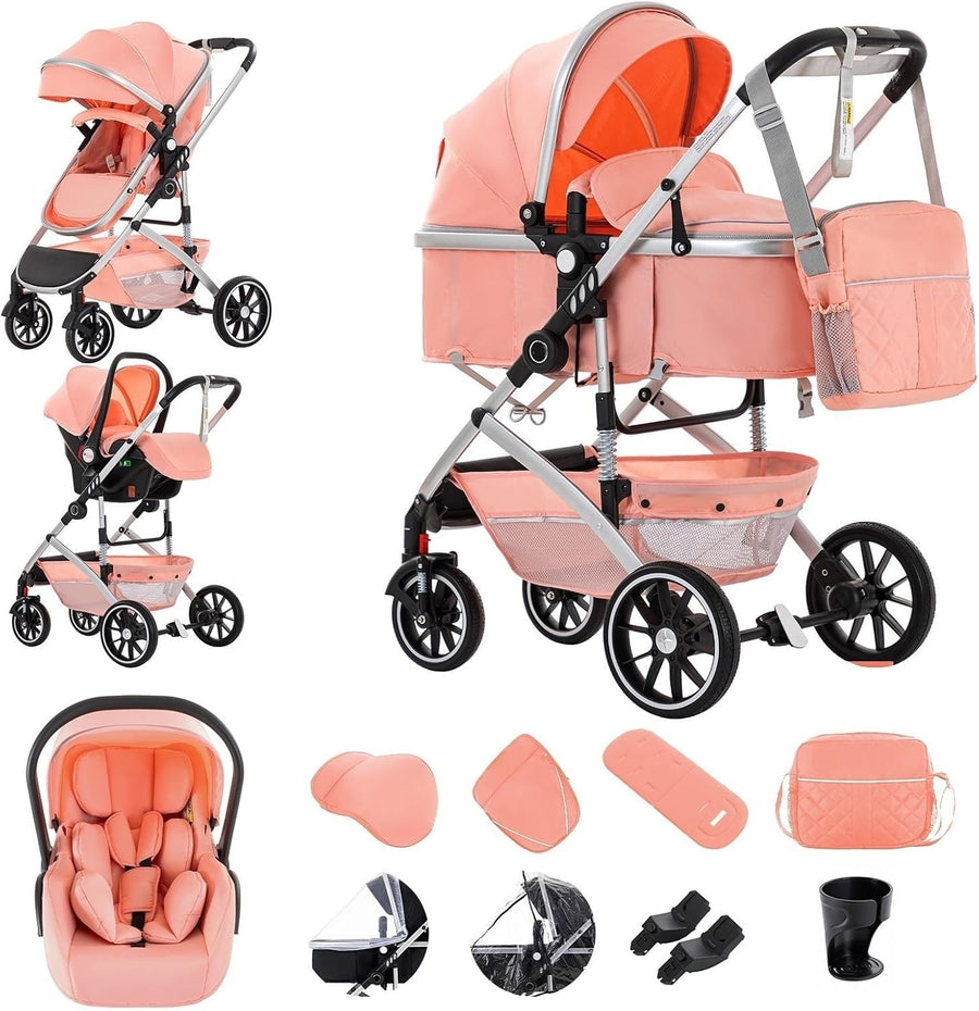 Pink 3 in 1 Baby Pram City Stroller Car Seat One Hand Fold
