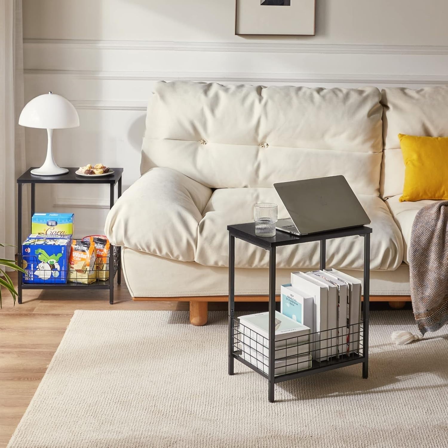 Black Marble Top Side Table with Storage Rack – Small Nightstand & Coffee Table