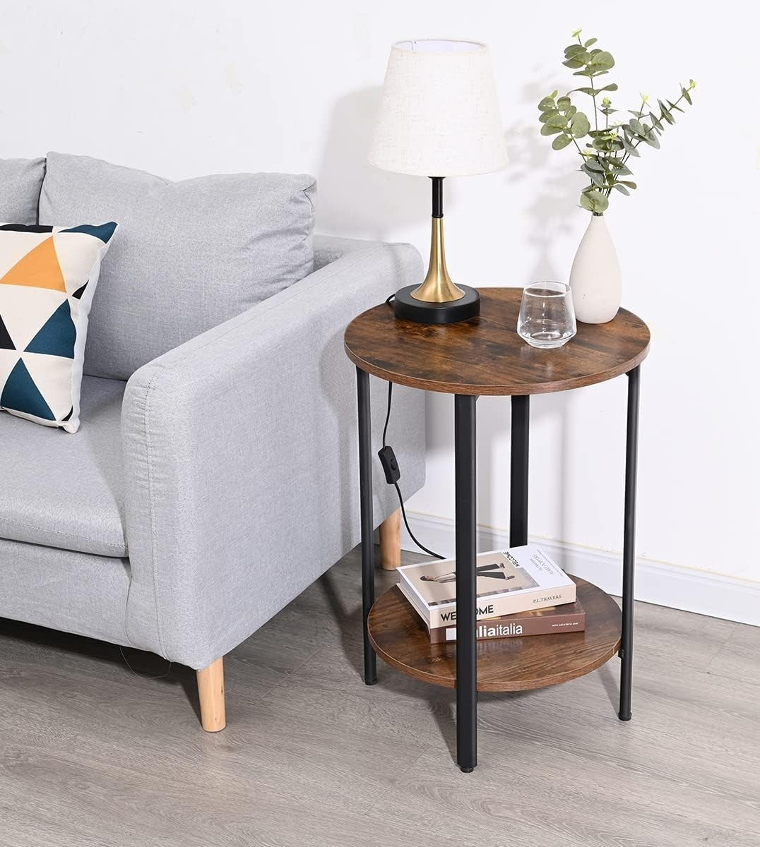 2-Tier Round Side Table with Storage, Rustic Brown Metal Frame End Table