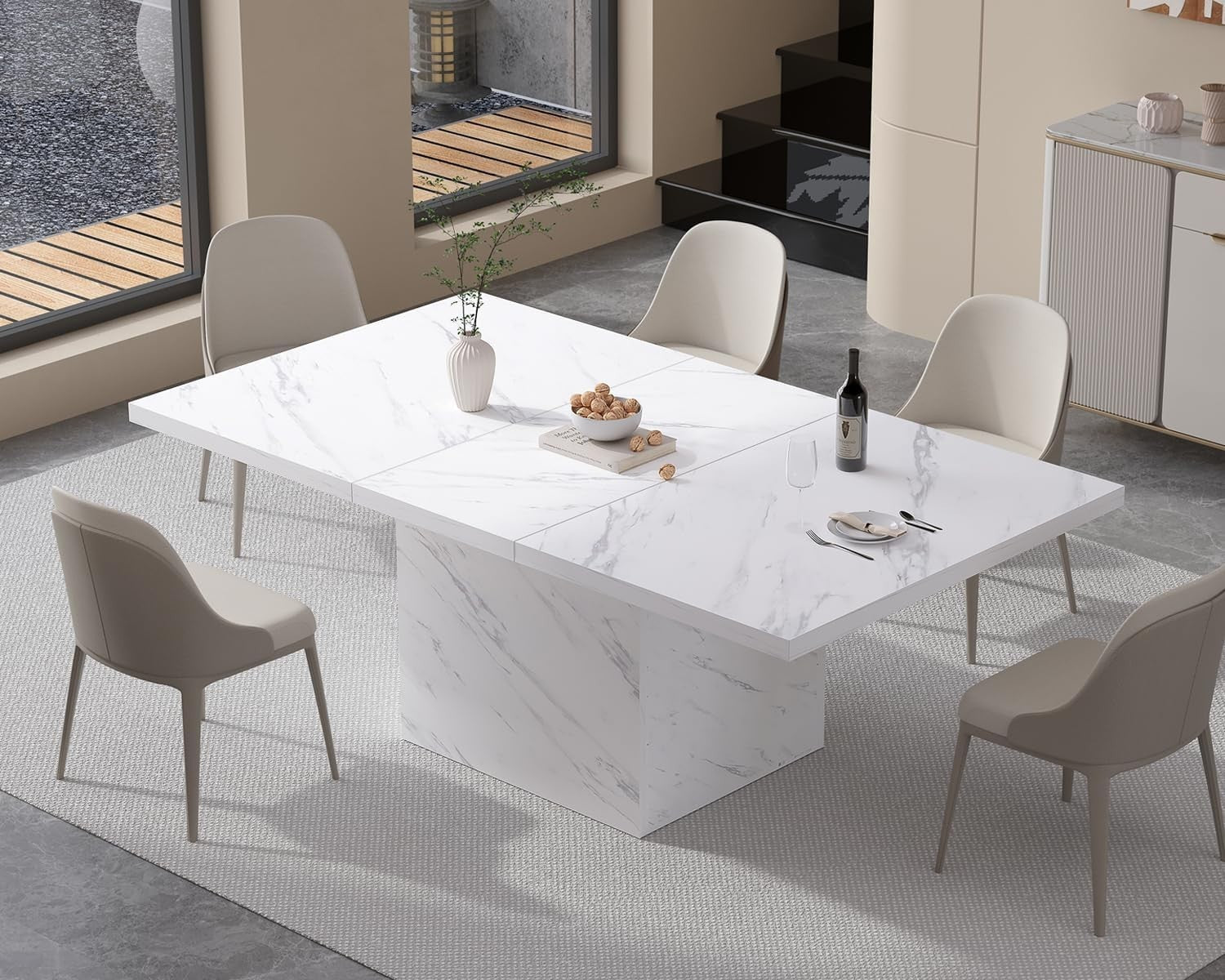 White Marble Effect Dining Table 160cm Modern 6 Seater Kitchen Table